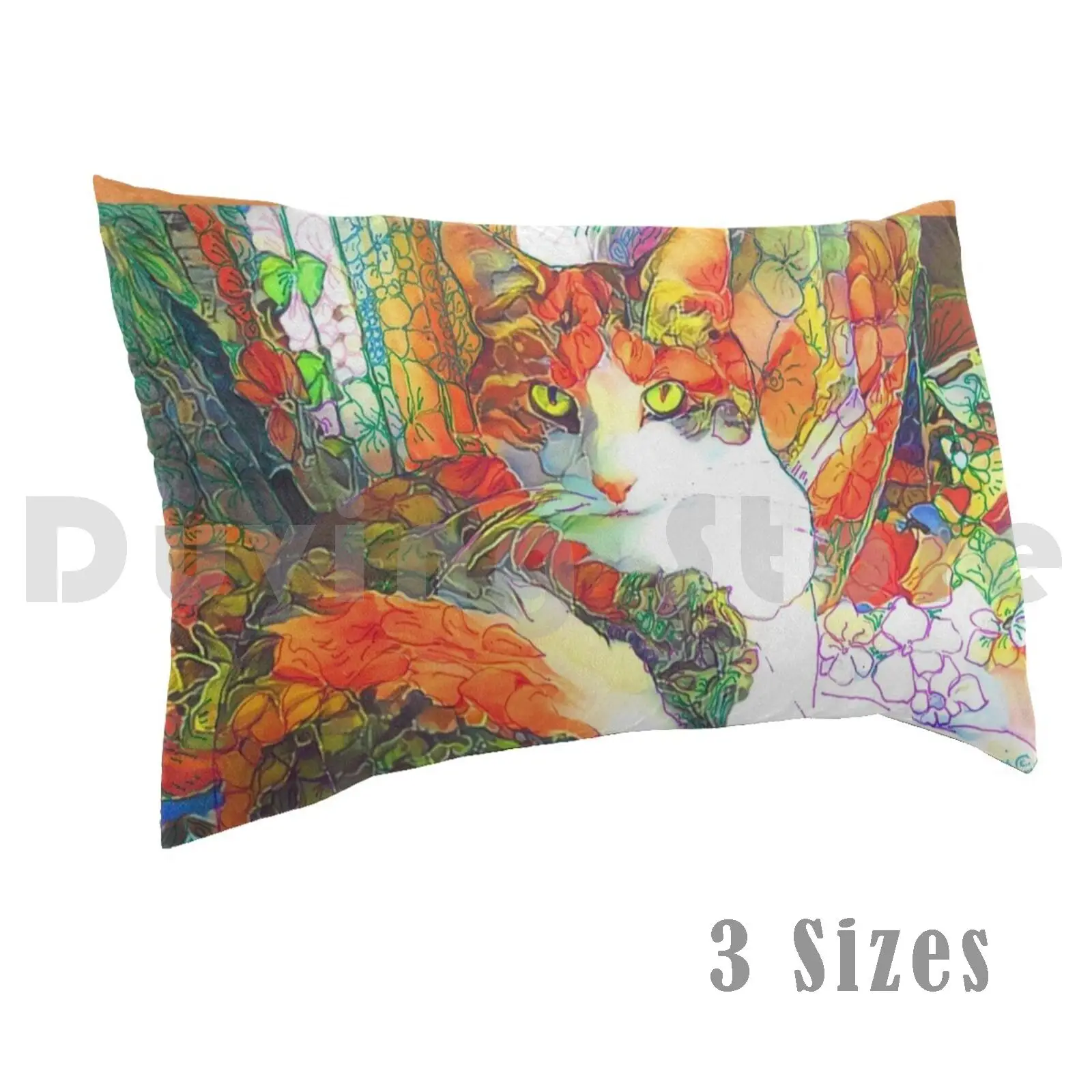 Flower Cat Picture By Rd Riccoboni Pillow Case Printed 50x75 Feline Floral Botanical Motif Meow Calico Poppy