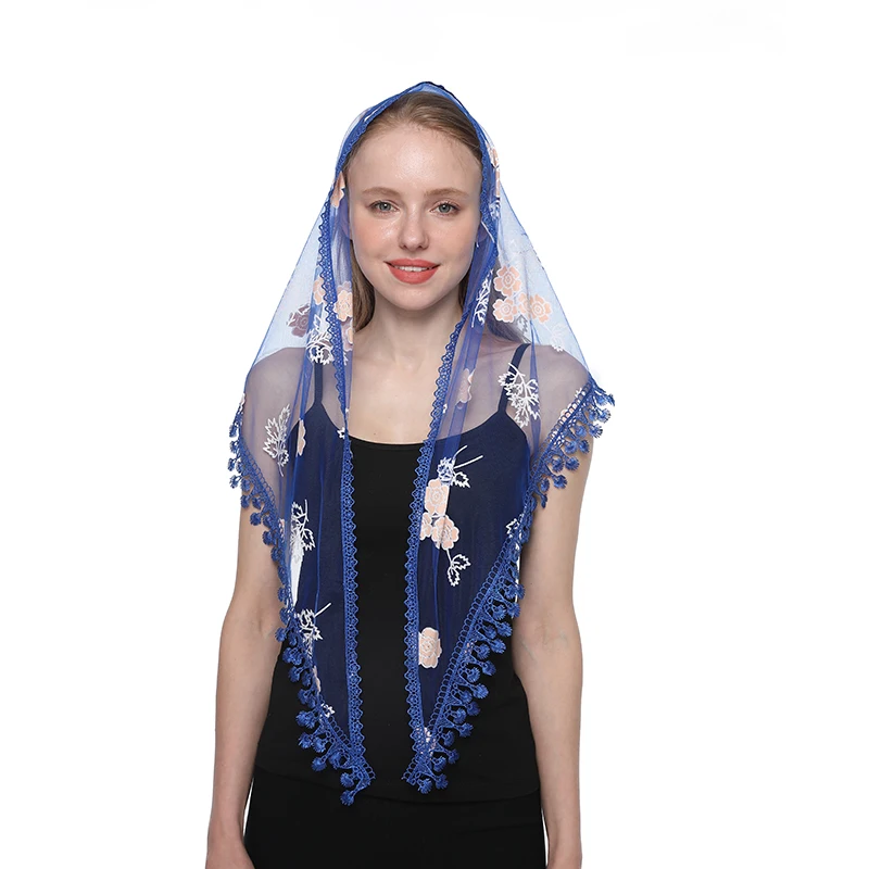 Flower Women Scarf for Church Triangle Lace Shawl Veils for the Church\'s Embroidered Spanish Mantilla Lace Transparent Shawl