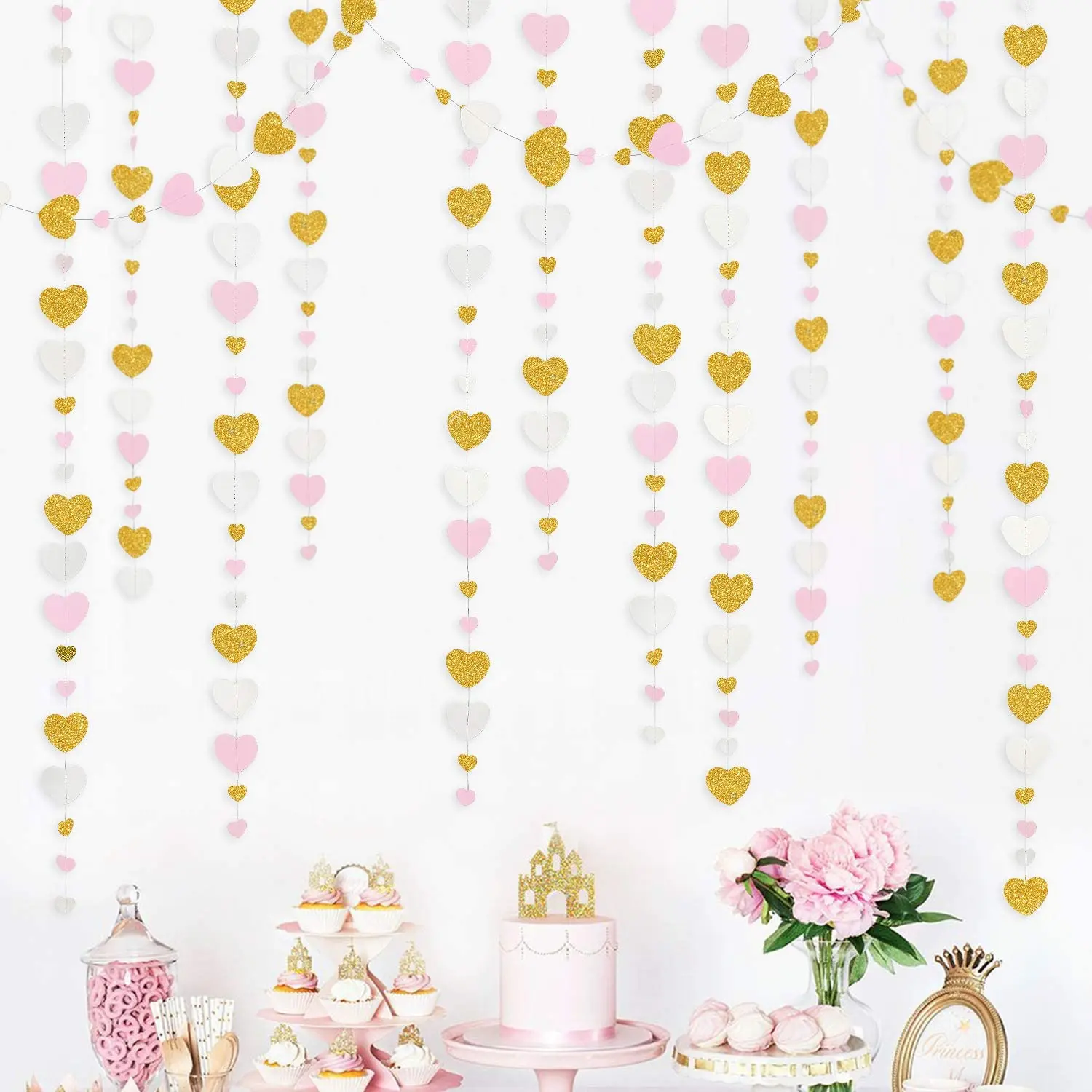 

Love Pink Glitter Gold White Paper Heart Shaped Garlands String Hanging Curtain Wedding Birthday Bridal Shower Party Decorations