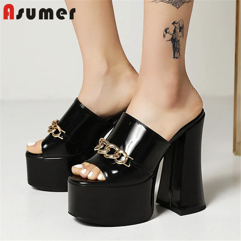 Asumer 2021 Summer Slippers New Sexy High Heels Platform Shoes Peep Toe Chain European Style Party Shoes Women Slippers Green