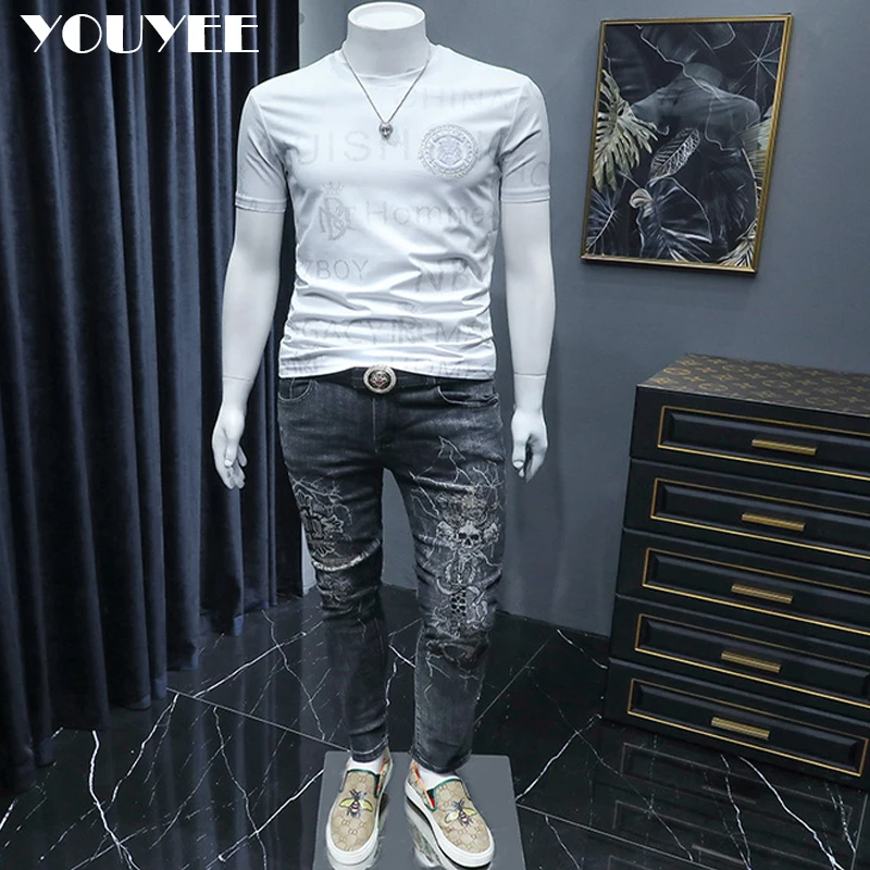 Short Sleeve T-shirt Men\'s Slim Embroidered Light Luxury New Trend Summer Round Neck Male Tees Top Man Wear Clothing M-4XL