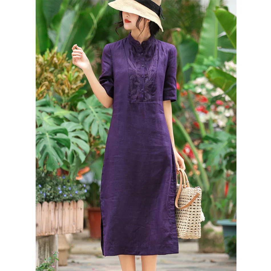 Summer New Cotton Linen Women's clothes Retro Embroidery Linen Dress Women's long Light Dresses Chinese Cheongsam