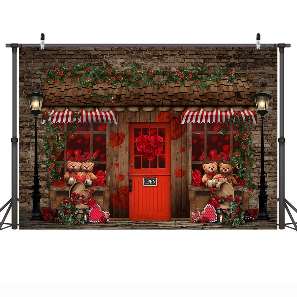 ロマンチックな結婚式の肖像画の背景,バレンタインデーの背景,赤いバラ,レンガの壁,花,クマ,写真,フォトコール