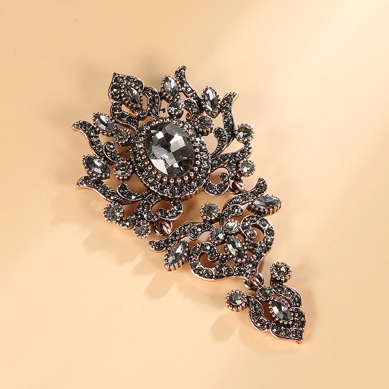 Kinel 2020 Luxury Gray Crystal Women Brooch Pins Vintage Turkish Wedding Jewelry Antique Gold Color Alloy Family Banquet Gift