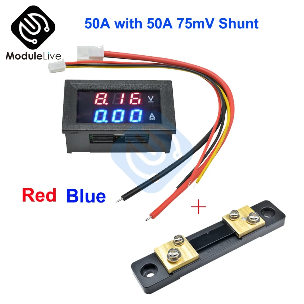 4-Pack LED Digital Voltmeter Ammeter – DC 0-100V 0-50A With Shunt, Red/Blue Dual Display, Reverse Polarity Protection, For Car/Battery/Solar