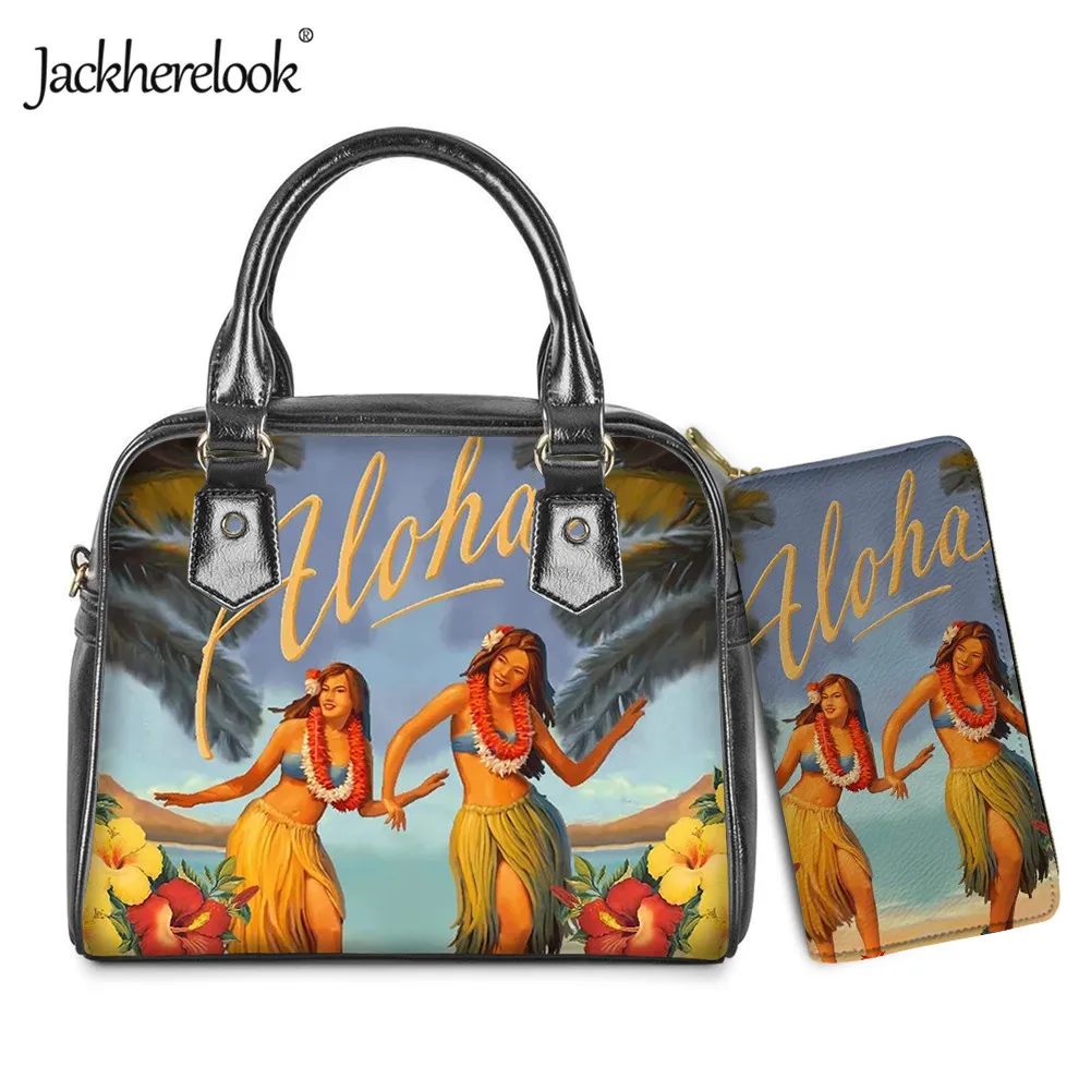 Jackherelook Hawaii Aloha Hibiscus Design Handbag Wallet 2pcs/Set for Women Luxury PU Cross Body Bag Messenger Bag for Ladies