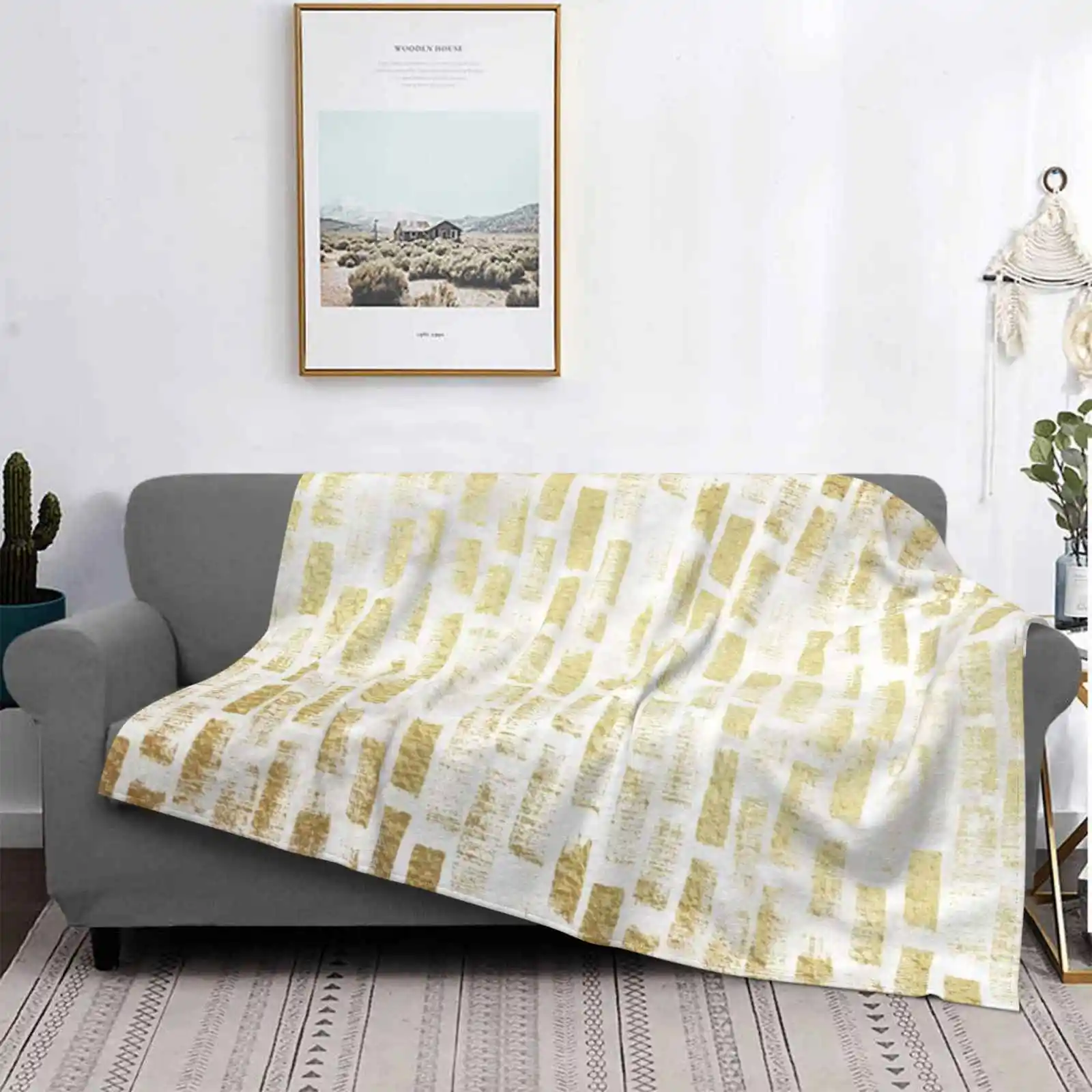 Golden Minimalistic Brush Strokes Pattern Air Conditioning Blanket Travel Portable Blanket Gold Golden Brush Strokes Vertical