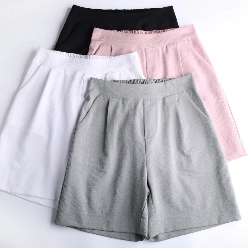 

Plus Size 4XL Lady Wide Leg Shorts Cotton Linen Women Shorts 2024 Summer Thin Elastic Waist Loose Female Pantsalone Casual KN199