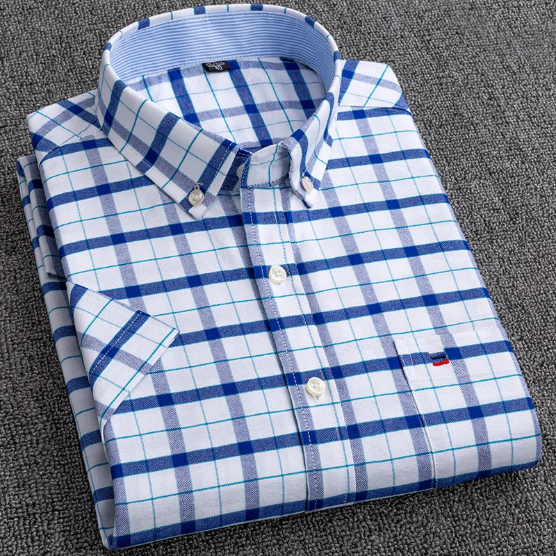 Men's Short Sleeve Oxford Plaid Striped Casual Dress Shirts Front Patch Chest Pocket Regular-fit Button-down Collar Work Shirts