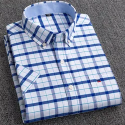 Camisas de vestir informales a rayas Oxford de manga corta para hombre, parche frontal, bolsillo en el pecho, camisas de trabajo con cuello abotonado de ajuste Regular