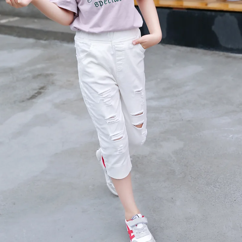 Baby Girls Baggy Trousers New Summer Kids Cotton Seven Points School Pants Children's White Ripped Casual Sports Breeches Pants