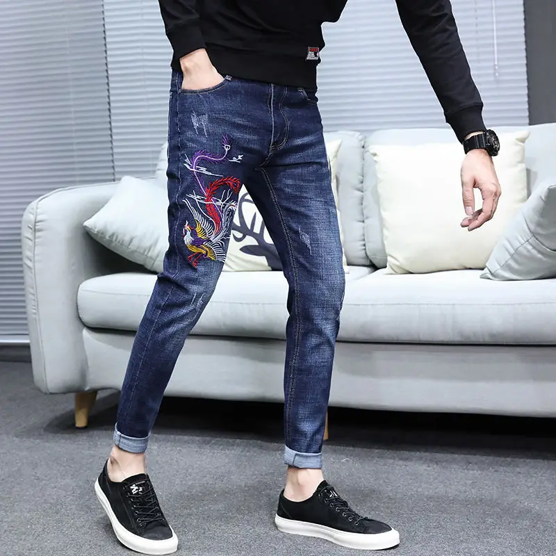 Stretch embroidered jeans men Korean fashion slim leggings black worn-out youth embroidered pants
