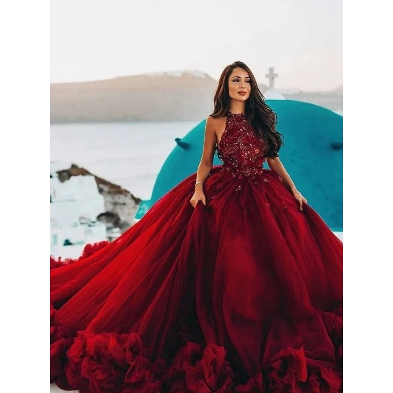 

Burgundy Luxury Elegant Wedding Dresses Sleeveless Appliques Ruffles Ball Gown Women Long Evening Bridal Gowns Custom Made