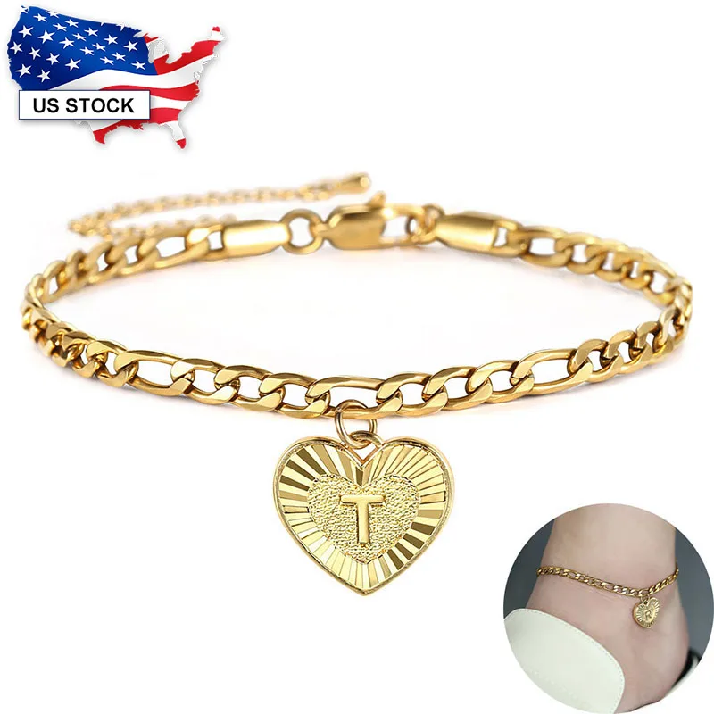 Womens Anklet 5mm Heart Shaped Initial A Z Letter Charm Anklet for Women Stainless Steel Gold Color Figaro Link Chain LKA16A