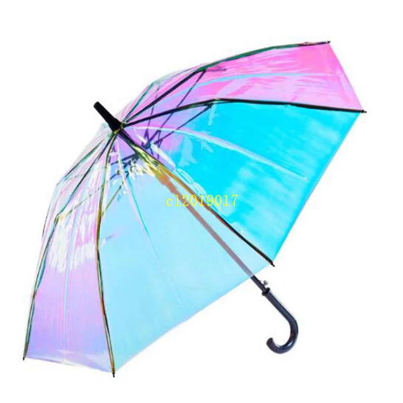 Laser Transparent Umbrella Rain Sunshade Long Handle Colorful Gradient PVC Holographic Umbrellas Outdoor Travel Umbrella