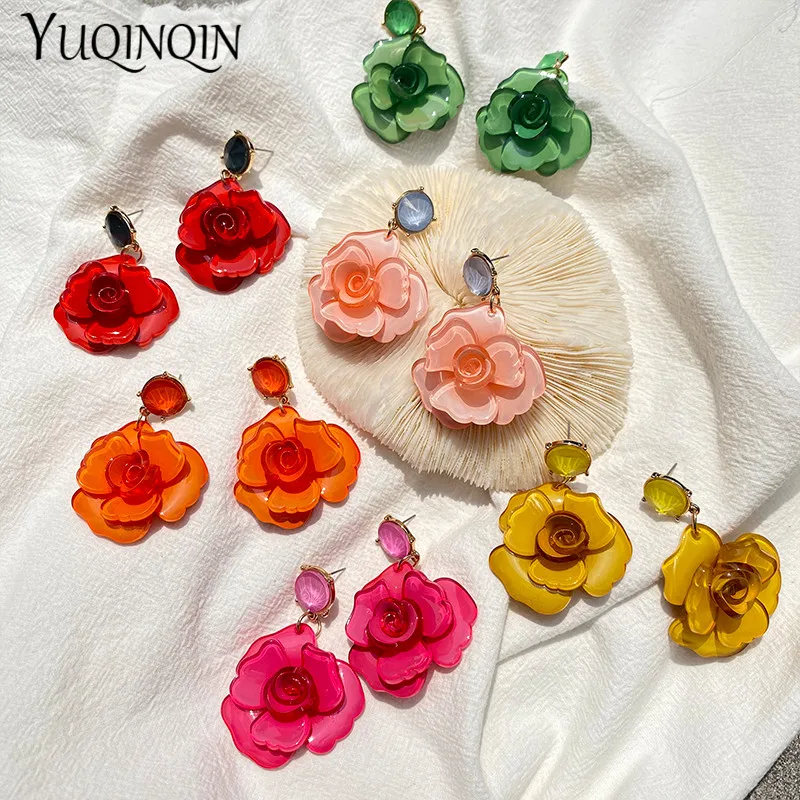 Vintage Elegant Korean Acrylic Rose Flower Drop Earrings for Women Acetate Resin Long Earings For Girls Fashion Jewelry Brincos