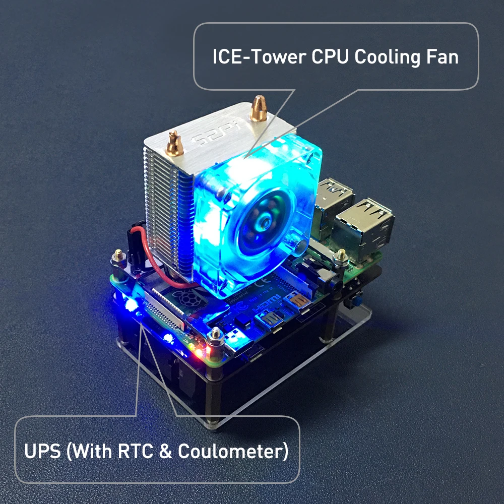 52Pi Raspberry Pi 4 Model B ICE Tower RGB Cooling Fan Copper Tube Cooler With 5-Layer Case for Raspberry Pi 4 B / 3B+