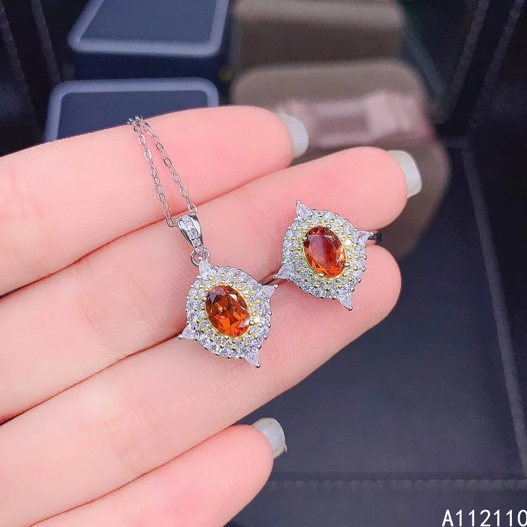 

Fine Jewelry 925 Pure Silver Inset With Natural Gem Women's Luxury Fashion Orange Garnet Pendant Adjustable Ring Set Support Det