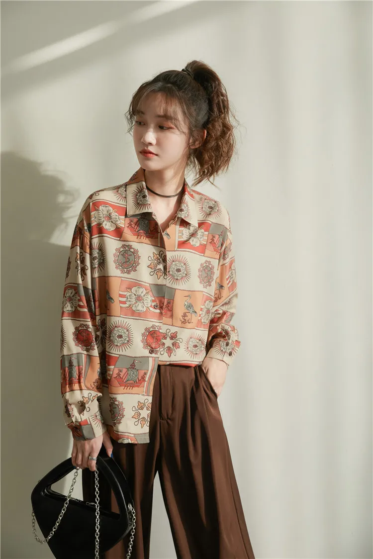 CHEERART Vintage Shirt Long Sleeve Print Button Up Collar Retro Shirt Women Top And Blouse Loose Oversized Shirt