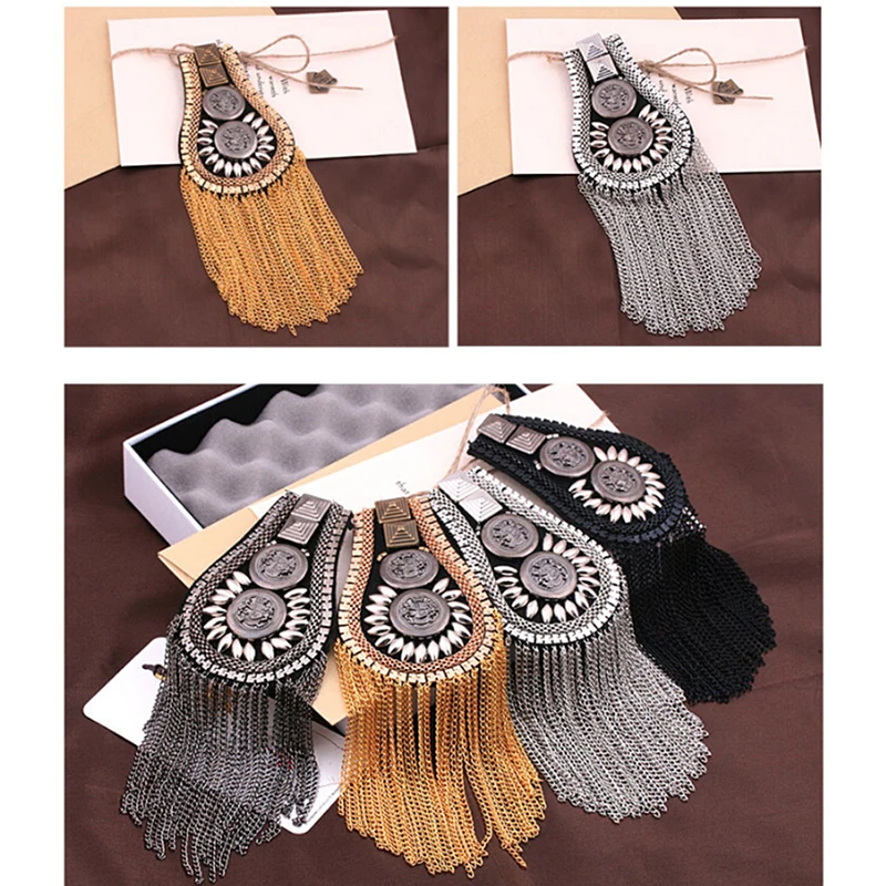 1 Pasang Unisex Punk Fringe Shoulder Papan Lencana Kilau Berlian Imitasi Rumbai Epaulet Rantai Wanita Pria Suit Aksesoris