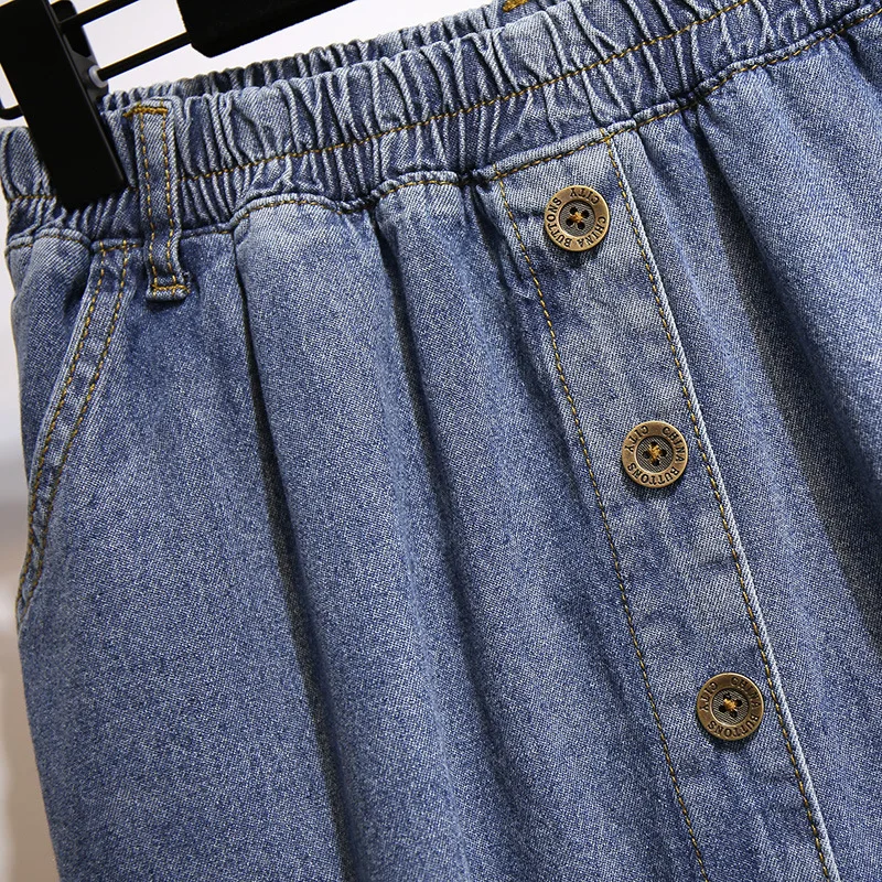 New 2021 Spring Autumn Plus Size Women Denim Midi Skirt For Women Large Casual Cotton A-line Blue Button Skirts 4XL 5XL 6XL 7XL