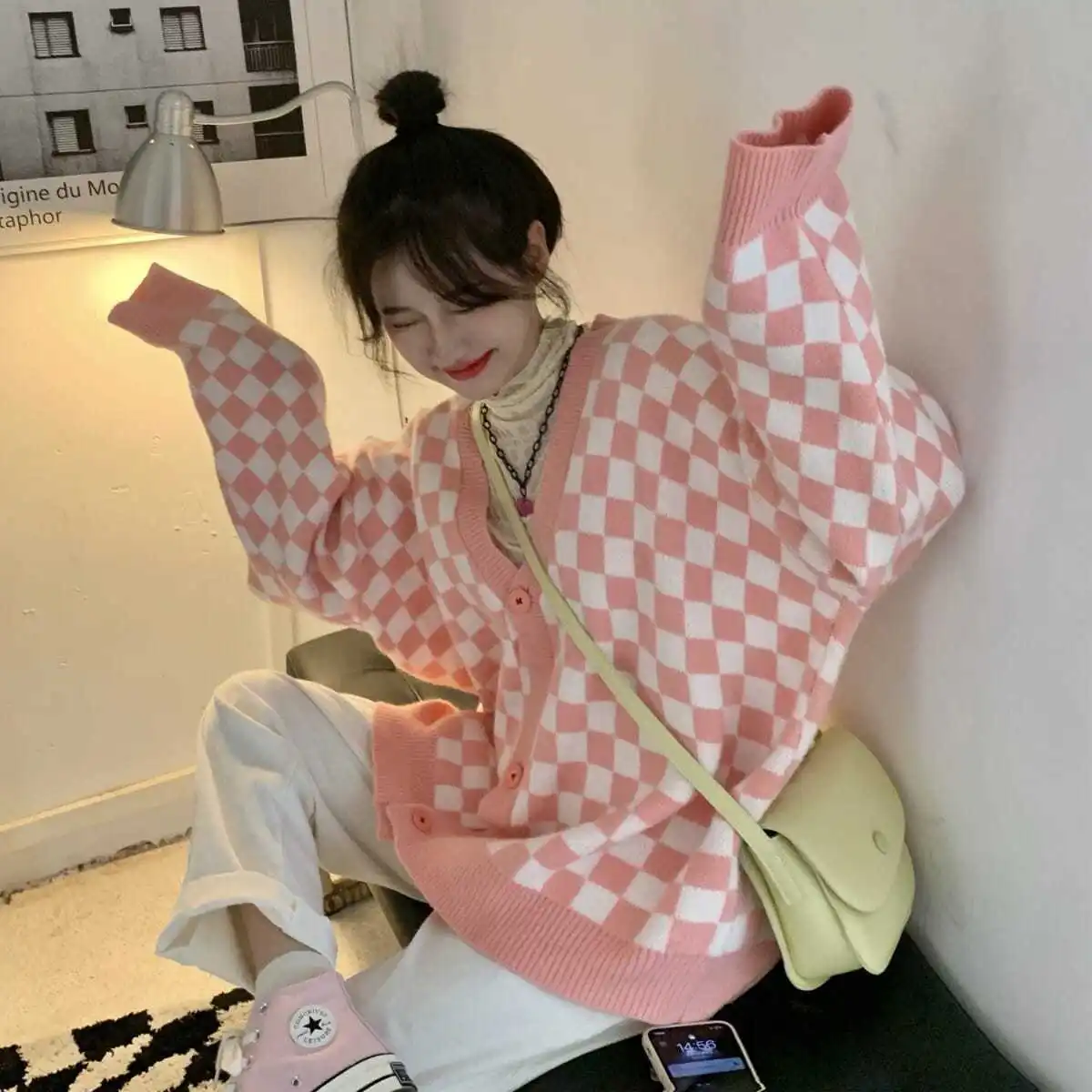 Checkered Cardigan Women All-match Outwear Fashion Loose Vintage Leisure Street Style Stylish Cool Girl Coats Sweaters Warm Chic