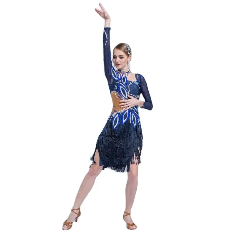 L-17198 Kid Latin dance performances dress adult, long-sleeved dancing bull rumba tassel dress