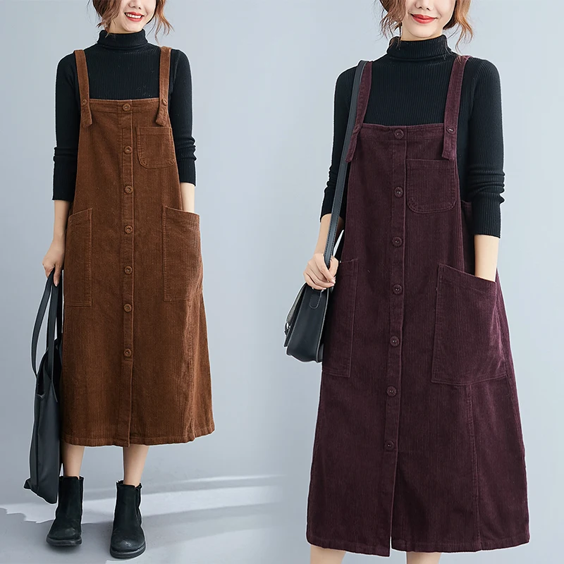 Autumn Winter Corduroy Overalls Dresses Artsy Elegant Office Ladies Mid-Length Pocket Simple Solid Color Pleated Suspender Dress