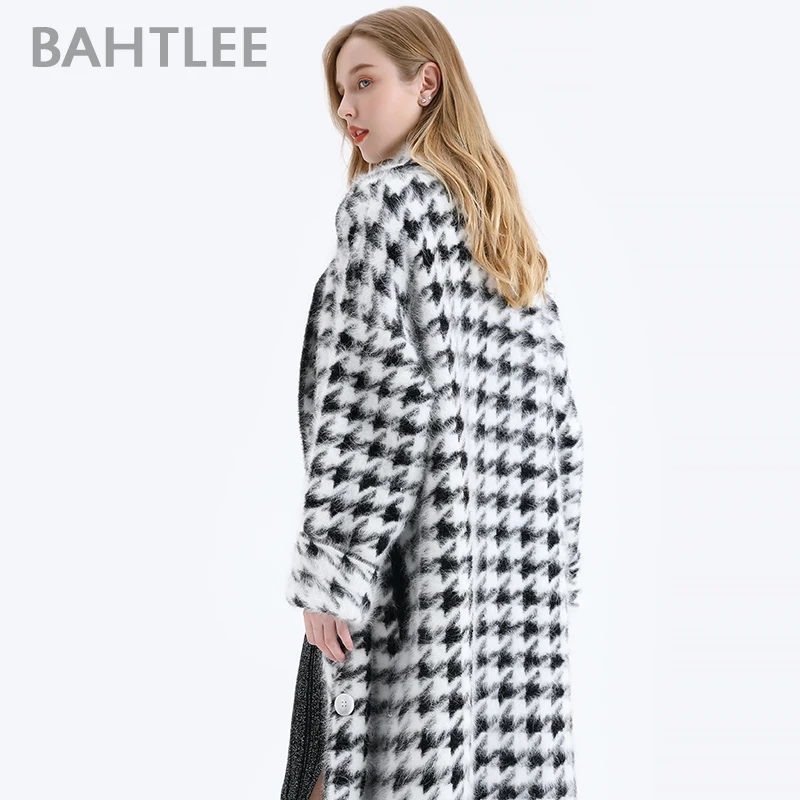 BAHTLEE-Women\'s Angora Long Coat, Houndstooth Pattern Sweater, Wool Knitted Cardigans, Turn Down Collar, Long Sleeves, Winter