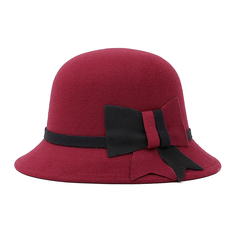 Women Men Black Red Patchwork Wool Felt Jazz Fedora Bowknot Hat Unisex Thick Panama Style Party Trilby Cowboy Dress Wedding Cap