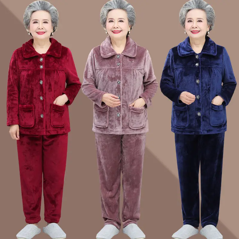 Elderly grandma pajamas flannel loose 2024 autumn winter warm long-sleeve trousers home service suit Solid casual two-piece suit