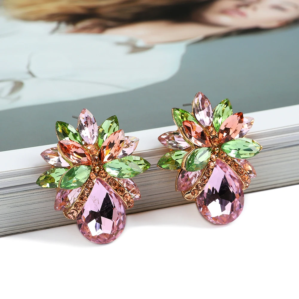 Korean Fashion Colorful Clear Crystal Stud Earrings Luxury Design High-Quality Flower Unique Vintage Pendant Jewelry For Women