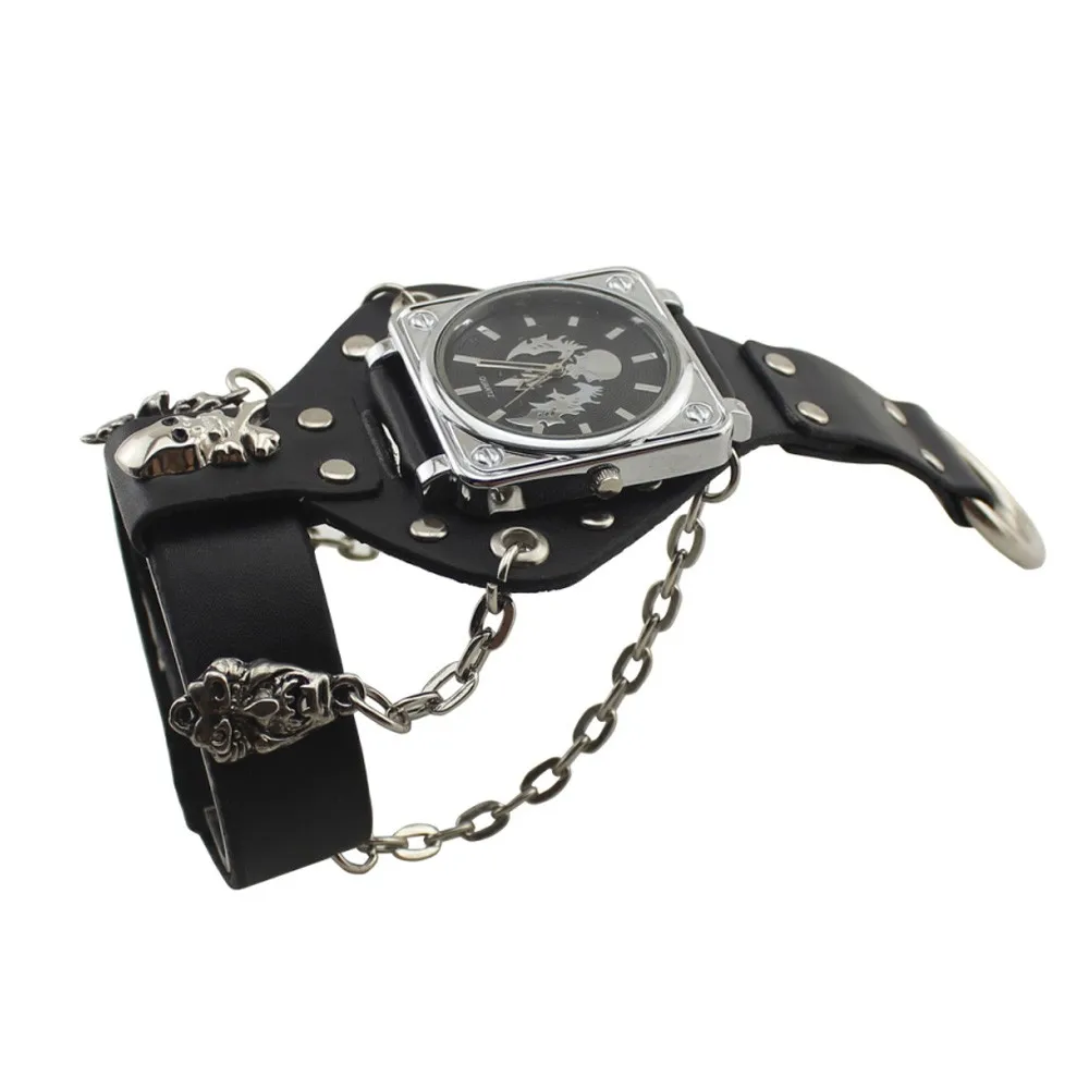 Reloj de pulsera de cuero negro con calavera Punk para hombre, reloj de pulsera de 50mm con banda ancha, esfera grande, horas, nuevo, caliente