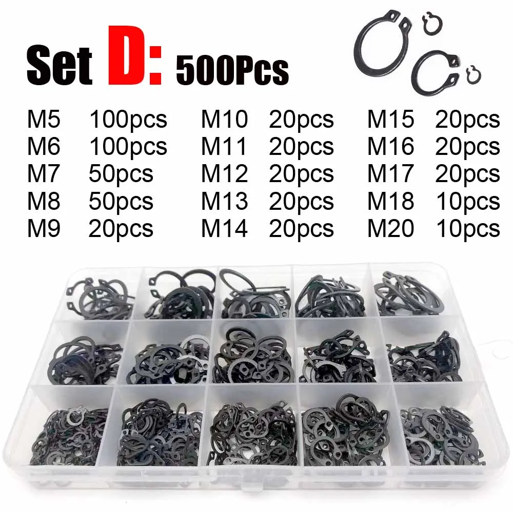 340/910pc M3 to M20 External Circlip Assortment Kit Set Black 65mn Stainless Steel Shaft Bearing Retaining Clip Snap Ring C Type