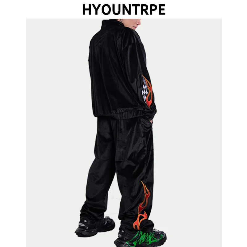 2 Pieces Set Men Embroidery Velvet  Zipper Jacket and Elastic Waist Loose Straight Pants Sweatsuit Hip Hop Tracksuits Sweatsuit