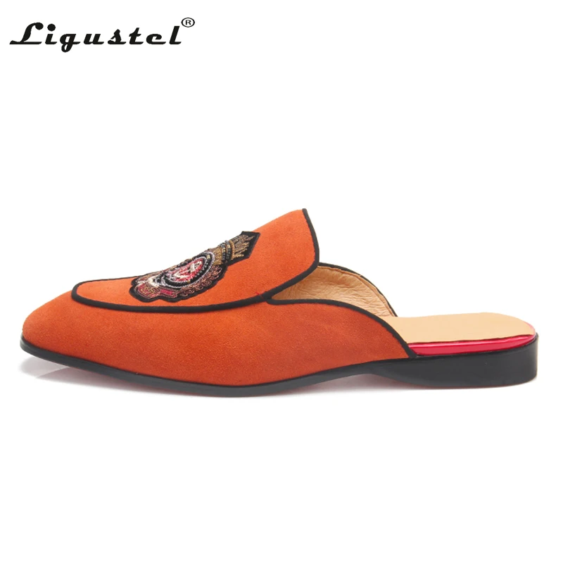 Ligustel Men Shoes Original Handmade Loafers Man Summer Party Shoes Men Flats Leather Orange Loafers Big Size Red Bottom Shoes