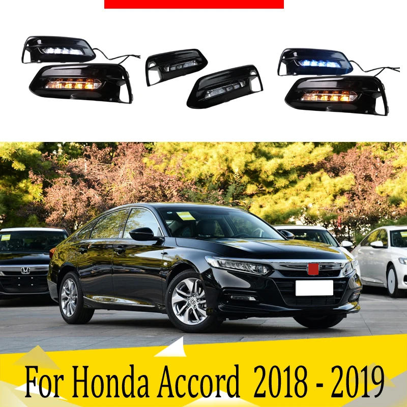 

2 шт. для Honda Accord 2018 2019 светодиодный дневные ходовые огни DRL с отверстием для противотуманной фары желтый указатель поворота синий ночной Светильник