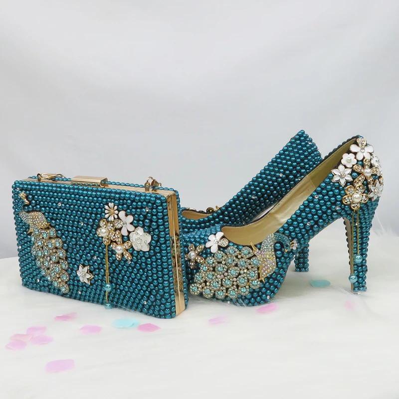 

Teal Blue Pearl wedding shoes with matching bags bridal High heels platform shoes Round Toe Fashion Shoe and Bag Set Round Toe