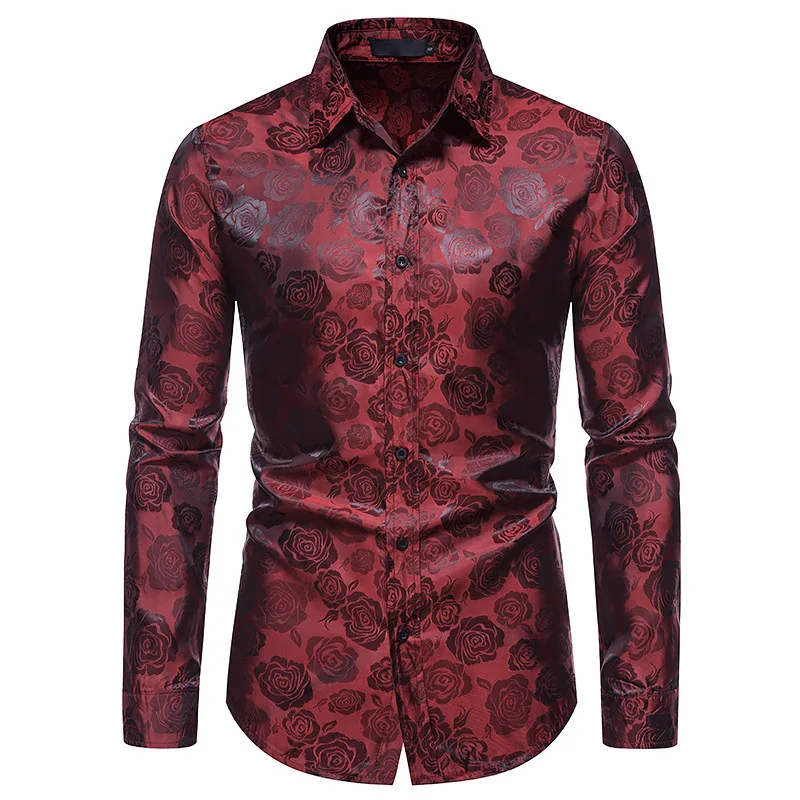 Fashion New Men\'s Long Sleeve Button Shirt personality Rose Print Casual Shirt Slim Dress Shirt