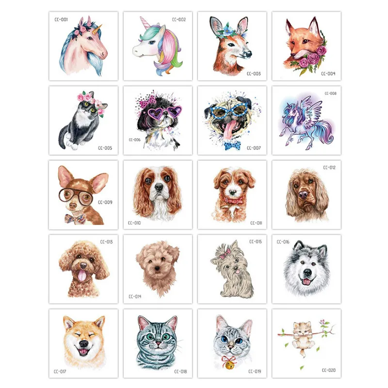 20 PCS/SET Cartoon Tattoos Children Party Makeup Flower Cat Dog Unicorn Butterfly Temporary Body Art Disposable Stickers