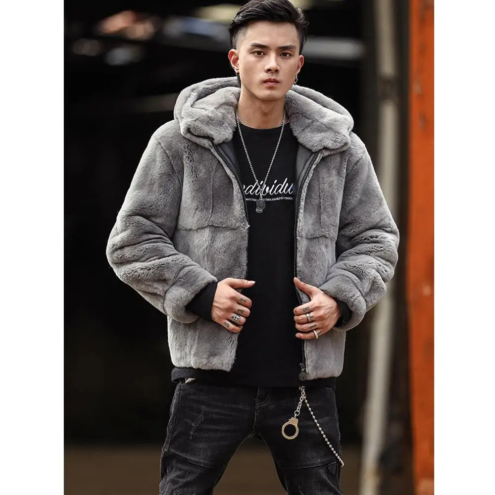 2019 New Mens Rabbit Fur Coat Short Leather Jacket Natural Hooded Rabbit Fur Jacket Mens Winter Coats