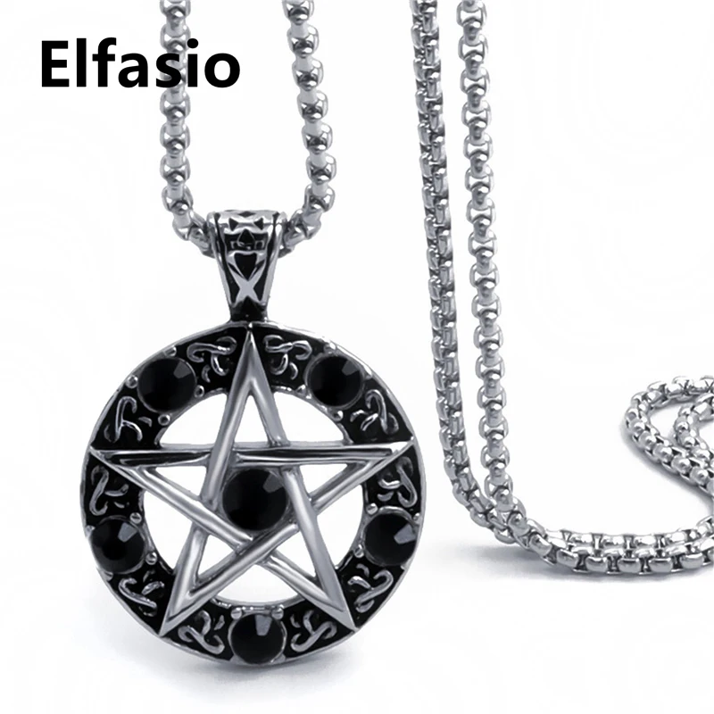 Elfasio Celtic Wicca Pentagram Star Men Women Stainless Steel Necklace Blue/Red/Black/White/Purple Amulet Pendant Chain