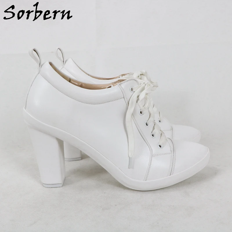 Sorbern Fashion White Pump Shoes Women Lace Up Chunky Heelled Block High Heel Sneakers Lady Shoe Round Toe Platform Custom Color