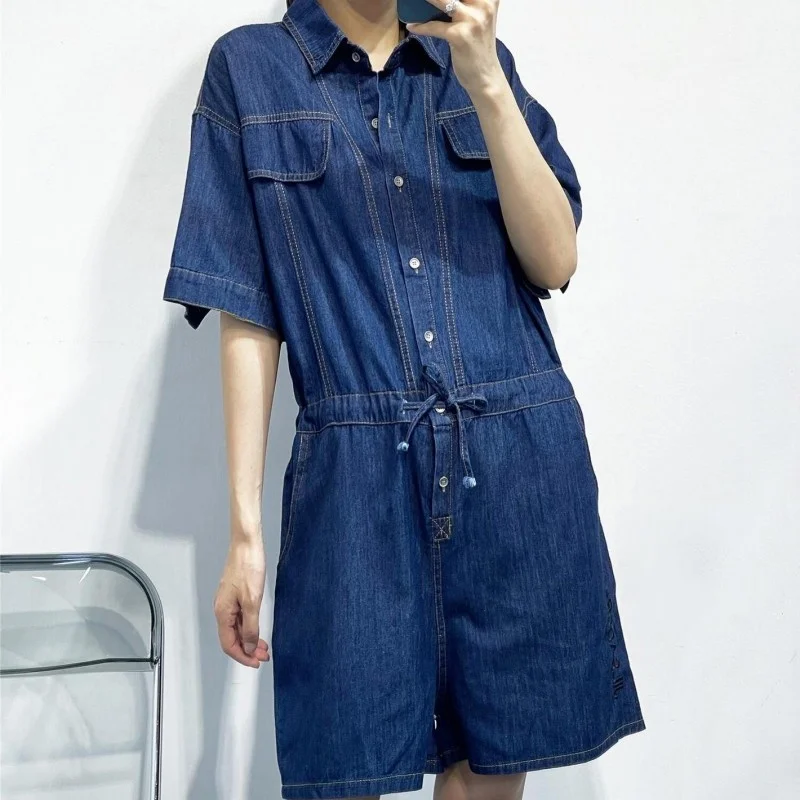 Women Summer Drawstring Single Breasted Rompers Casual Denim Short Jumpsuits Multi-Pockets Straight Cargo Shorts Overalls