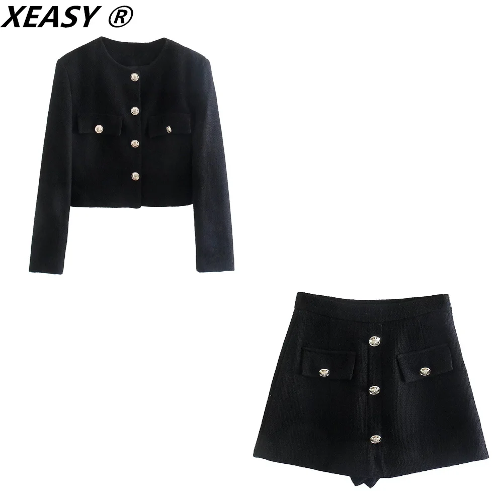 Xeasy Tweed Jas Set Tweedelige Sets Vrouwen Rok Fall 2021 Womens Fashion Zwart Single Breasted Jasje Hoge Taille rok Pak