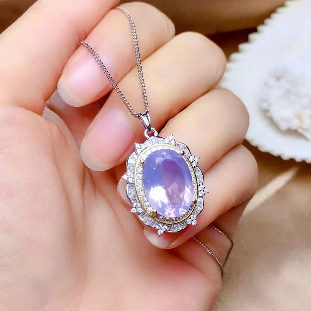 

New Arrival 925 Sterling Silver Genuine Women Oval Lavender Quartz Pendant Jewelry Halo Engagment Pendants