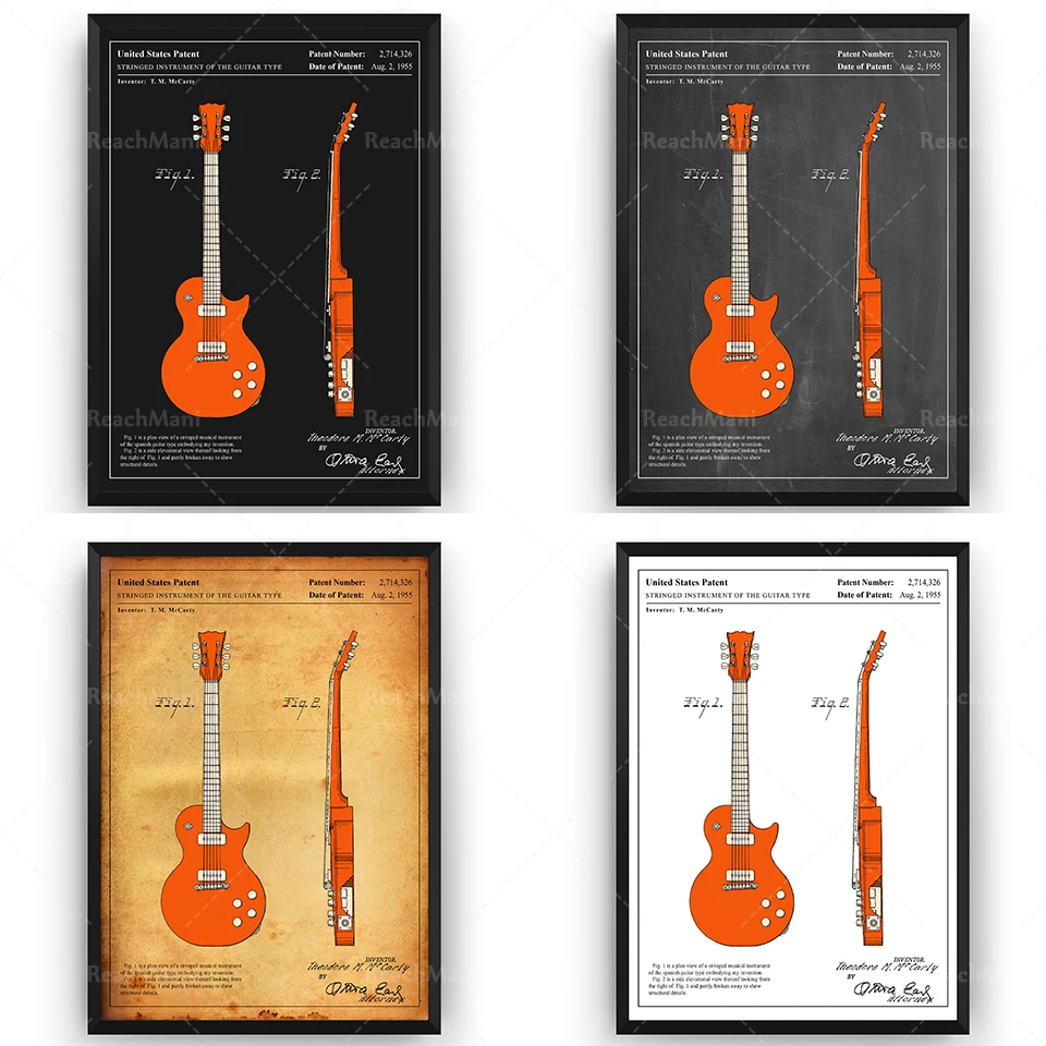 Gibson Les Paul 1955 Guitar Colourised Patent Print Wall Art Poster Blueprint Gifts