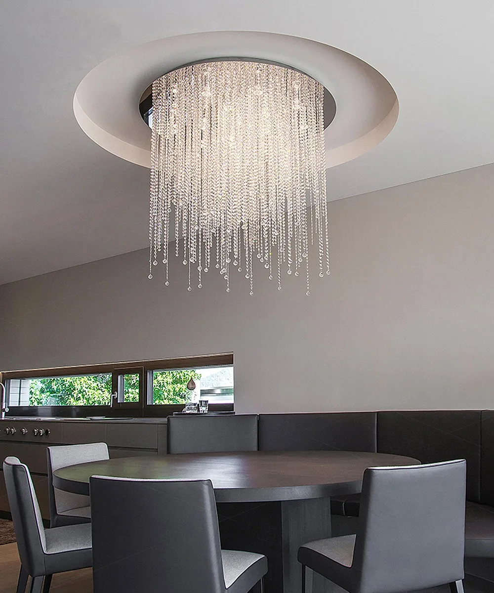 Minimalist Clear Crystal String Chandelier Light LED Round Flush Mount Lamp Home Deco Dining Table Kitchen Island Bedroom