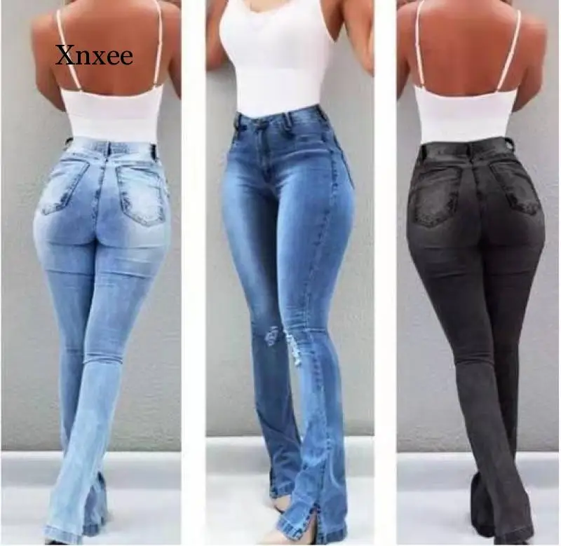 

Women's Solid Color Flared Jeans High Waist Elegant Retro Bell Bottom Skinny Denim Trousers Ladies Sexy Casual Wide-Leg Jeans Tr