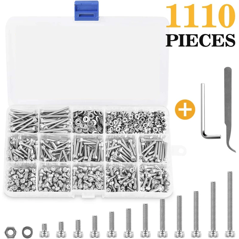 1110PCS Stainless Steel M3 Socket Head Cap Screws and Nuts Flat Washer Assortment Kit with Allen Wrench and Tip Curved Tweezer